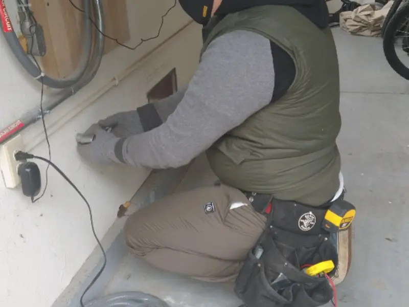 Electrician performing outlet wiring in a Brandermill garage